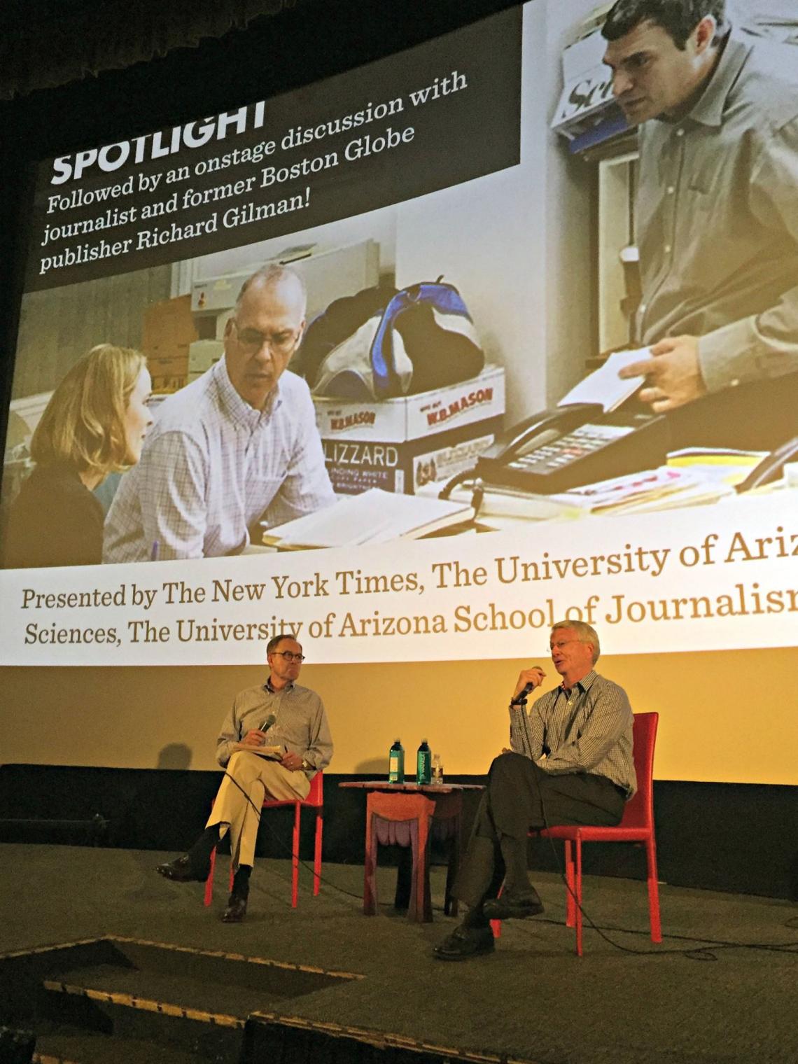 UA journalism faculty member William Schmidt interviews UA alumnus Richard Gilman about the Oscar-winning film "Spotlight." Gilman was publisher of The Boston Globe when it won a Pulitzer Prize for uncovering abuse by Catholic priests. The movie is based UA journalism faculty member William Schmidt interviews UA alumnus Richard Gilman about the Oscar-winning film "Spotlight." Gilman was publisher of The Boston Globe when it won a Pulitzer Prize for uncovering abuse by Catholic priests. The movie is based